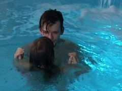 Large and precious swimming pool is used by a legal age teenager playgirl for a sexy fuck